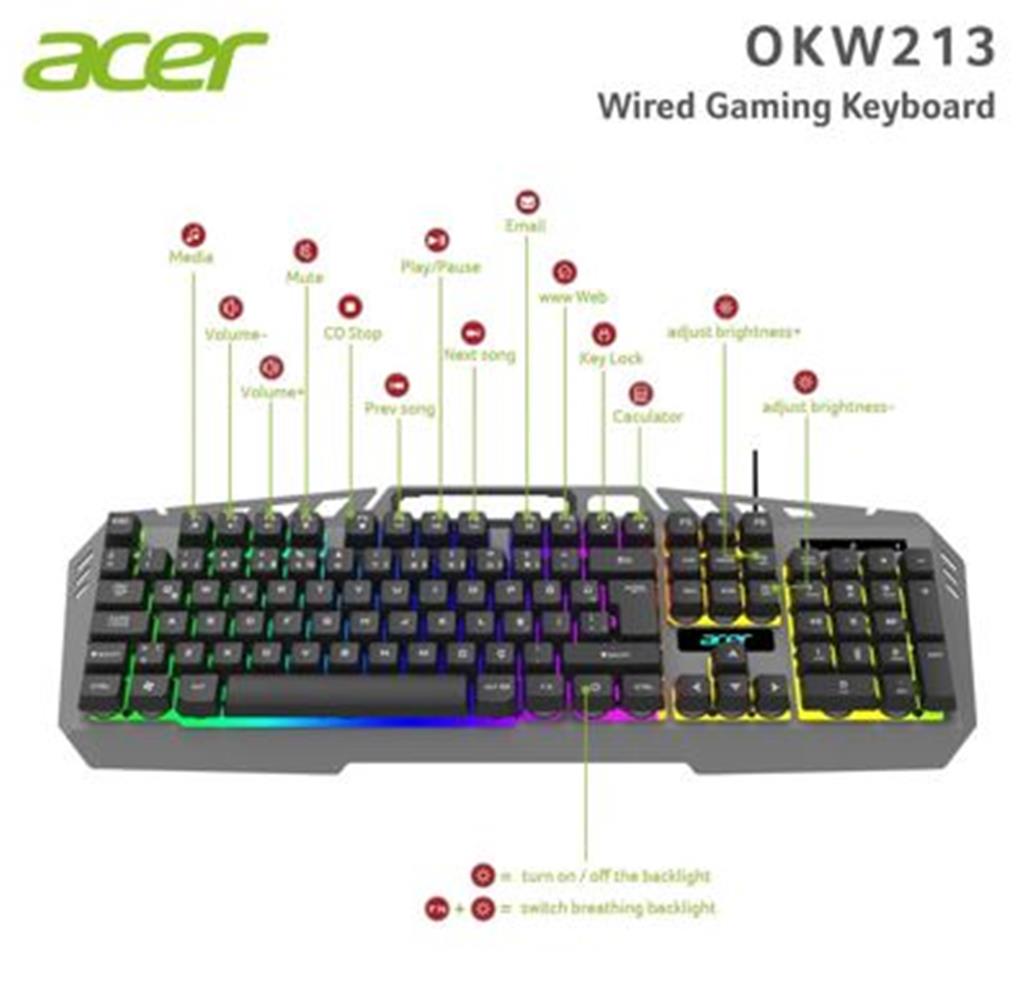 Acer OKW213 Gri RGB Rainbow Backlit Gaming Keyboar KLAVYE MOUSE SET