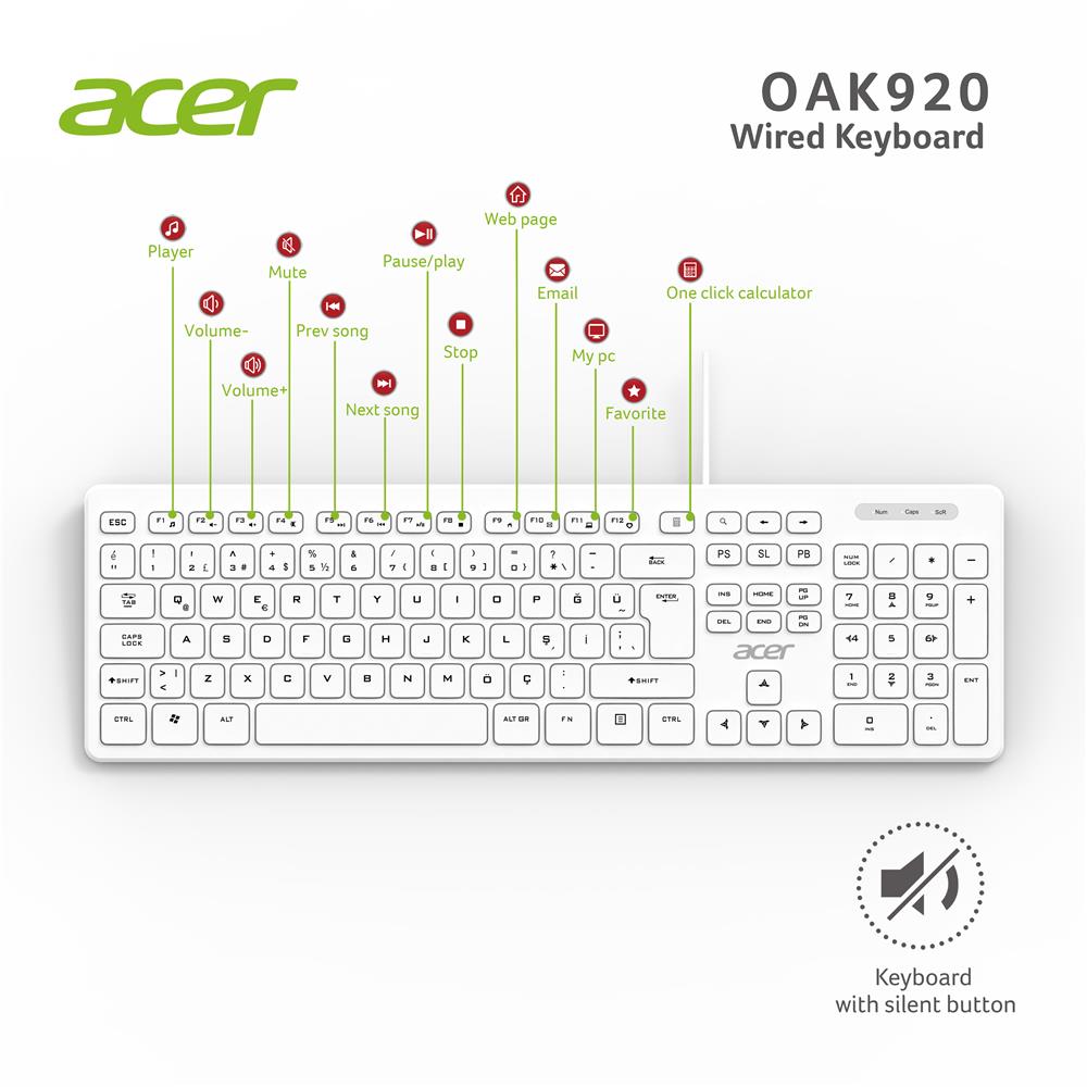 Acer OAK920 Q Usb Beyaz 1.8mt Kablolu Klavye/Tek T MOUSE SET
